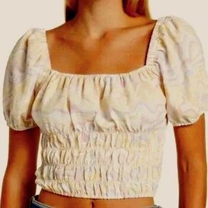 NWOT, Elodie Pastel Smocked Elastic Cropped Blouse, Size XL
